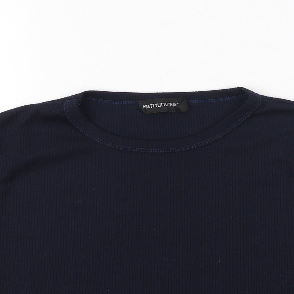 PRETTYLITTLETHING Womens Blue Polyester Cropped T-Shirt Size 14 Crew Neck