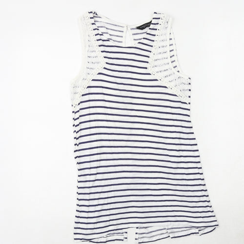 Dorothy Perkins Womens White Striped Polyester Basic Tank Size 10 Boat Neck - Crocheted Lace Detail