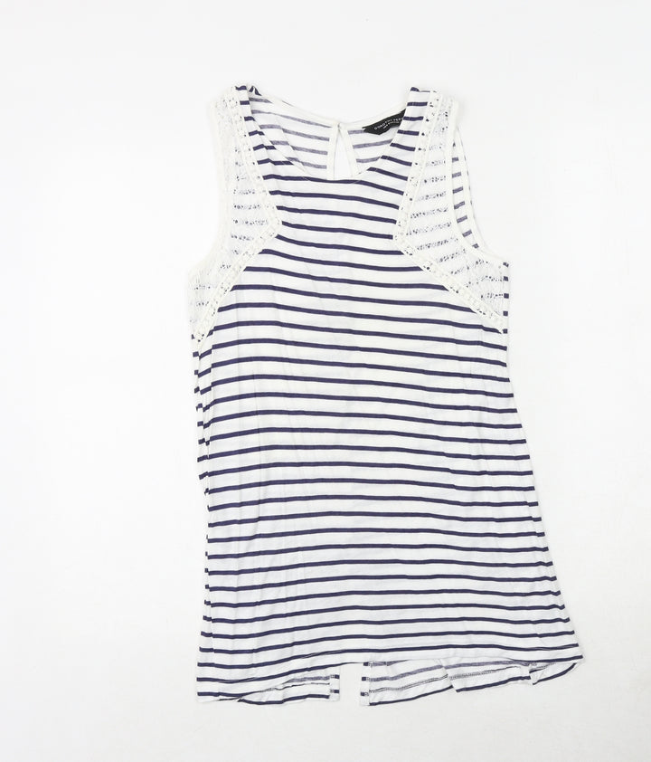 Dorothy Perkins Womens White Striped Polyester Basic Tank Size 10 Boat Neck - Crocheted Lace Detail