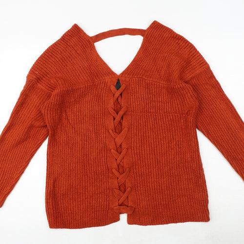 New Look Womens Orange V-Neck Acrylic Pullover Jumper Size S