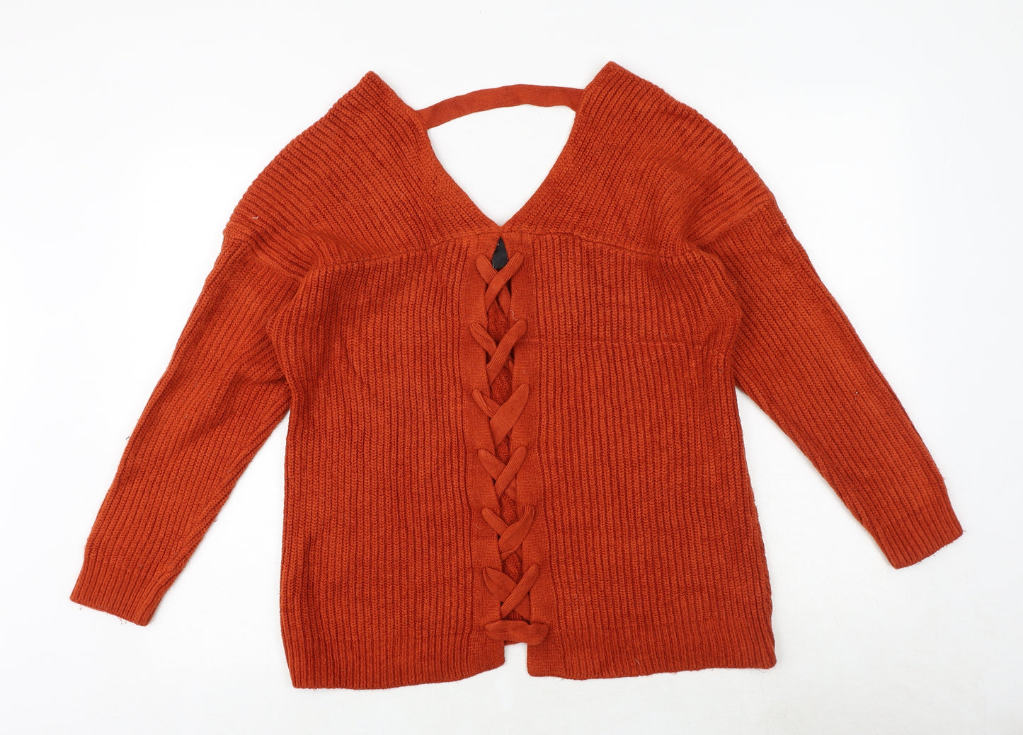 New Look Womens Orange V-Neck Acrylic Pullover Jumper Size S
