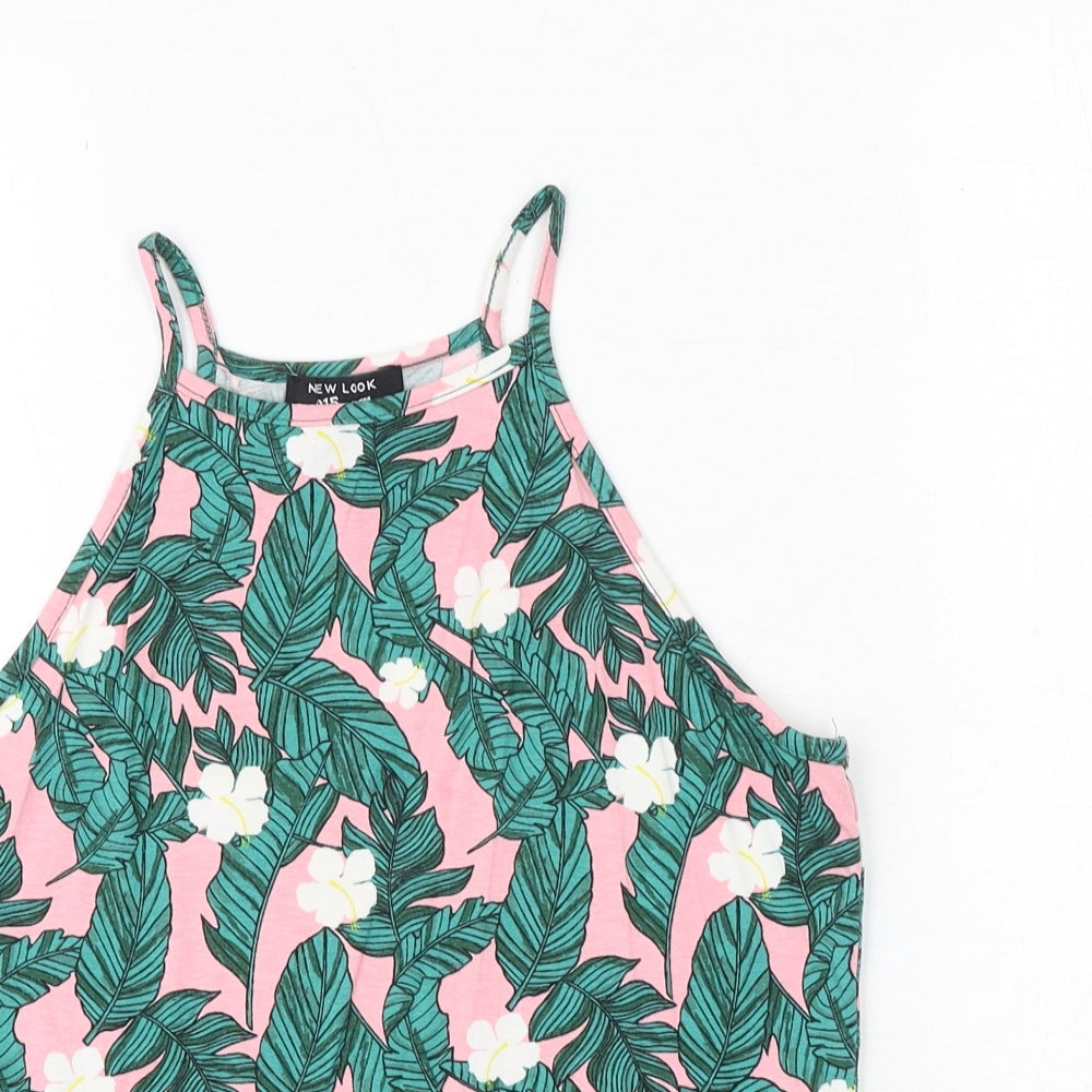New Look Girls Pink Geometric Viscose Pullover Tank Size 14-15 Years Square Neck Pullover - Leaf Pattern