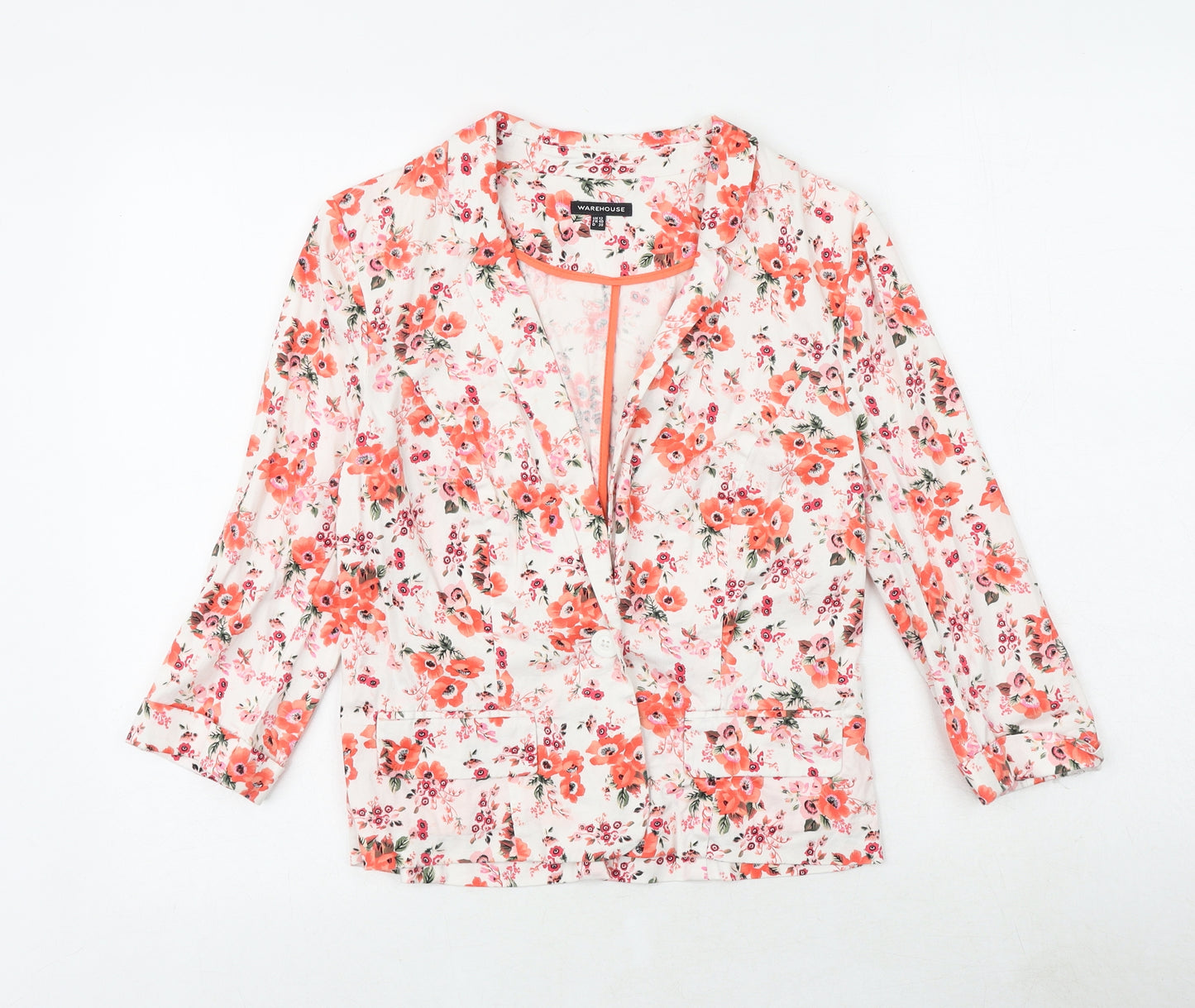 Warehouse Womens White Floral Jacket Blazer Size 12 Button