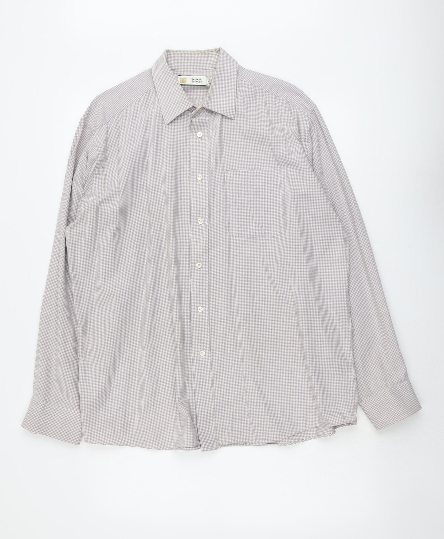 Marks and Spencer Mens Pink Check Polyester Button-Up Size 16.5 Collared Button