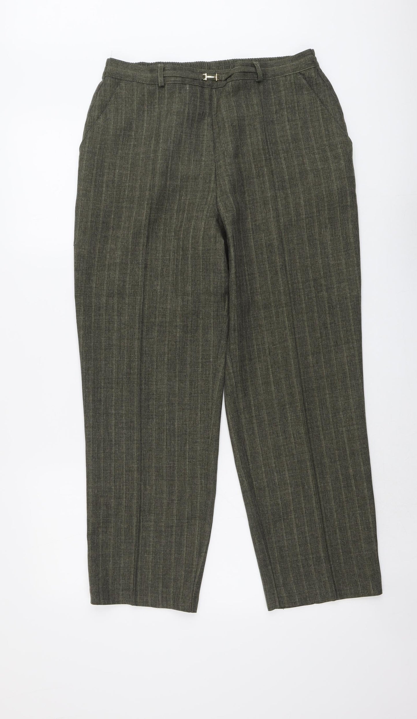 Marks and Spencer Womens Green Striped Polyester Trousers Size 14 L26 in Regular