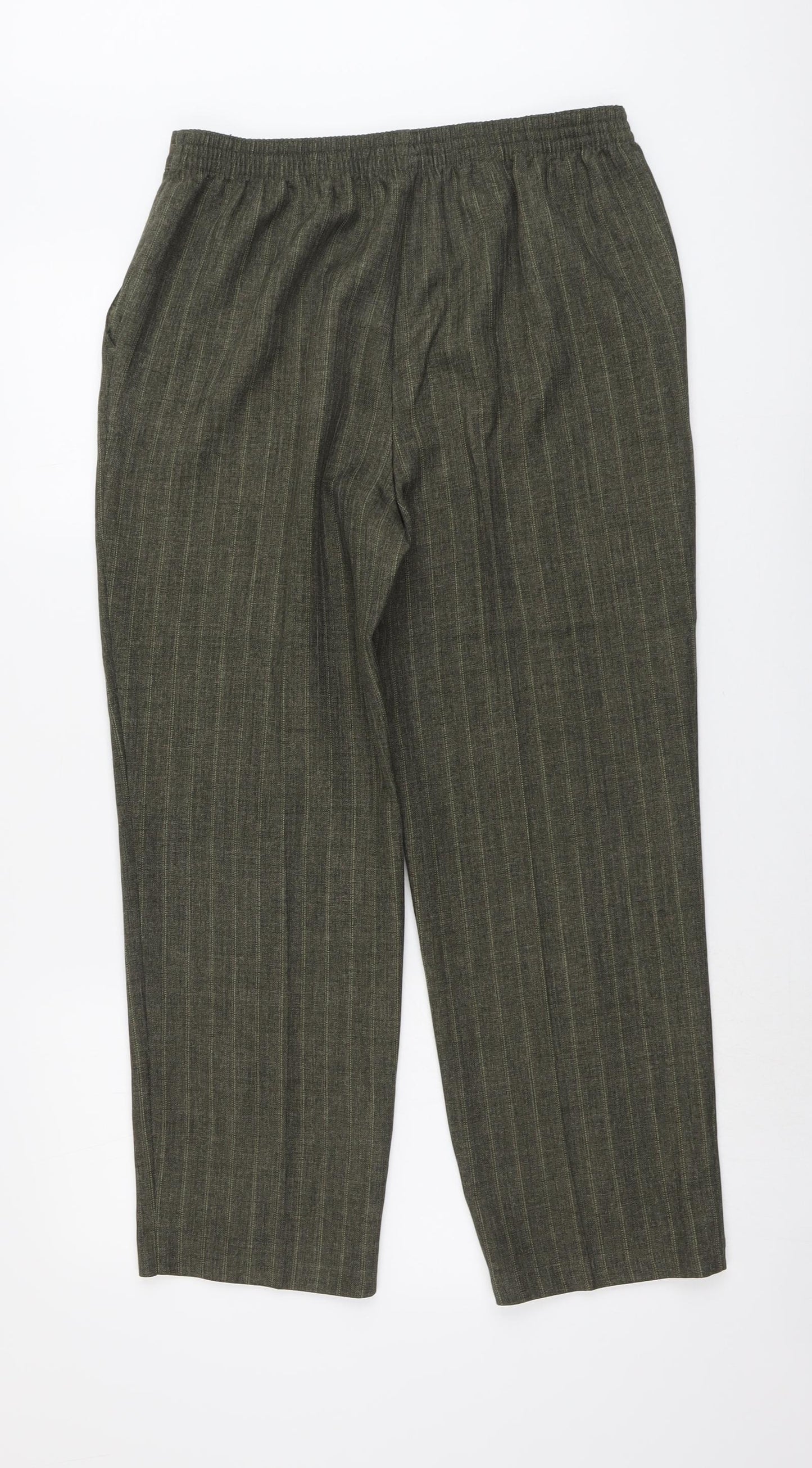 Marks and Spencer Womens Green Striped Polyester Trousers Size 14 L26 in Regular