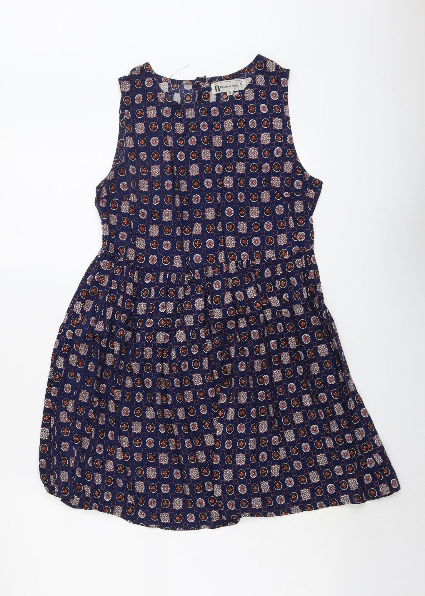 Hearts & Bows Womens Blue Geometric Viscose Fit & Flare Size 8 Boat Neck Button