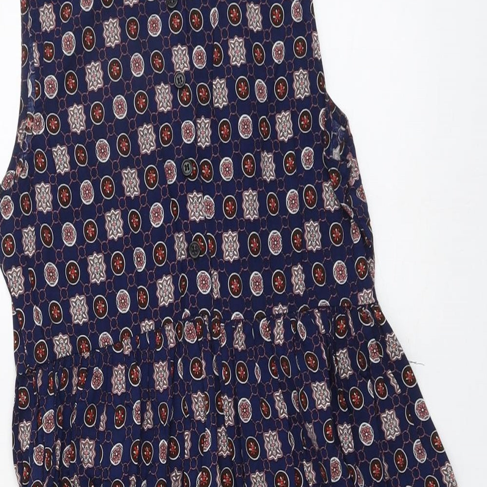 Hearts & Bows Womens Blue Geometric Viscose Fit & Flare Size 8 Boat Neck Button