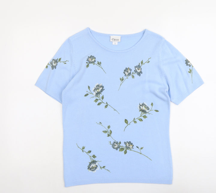 Opues Womens Blue Round Neck Floral Acrylic Pullover Jumper Size S