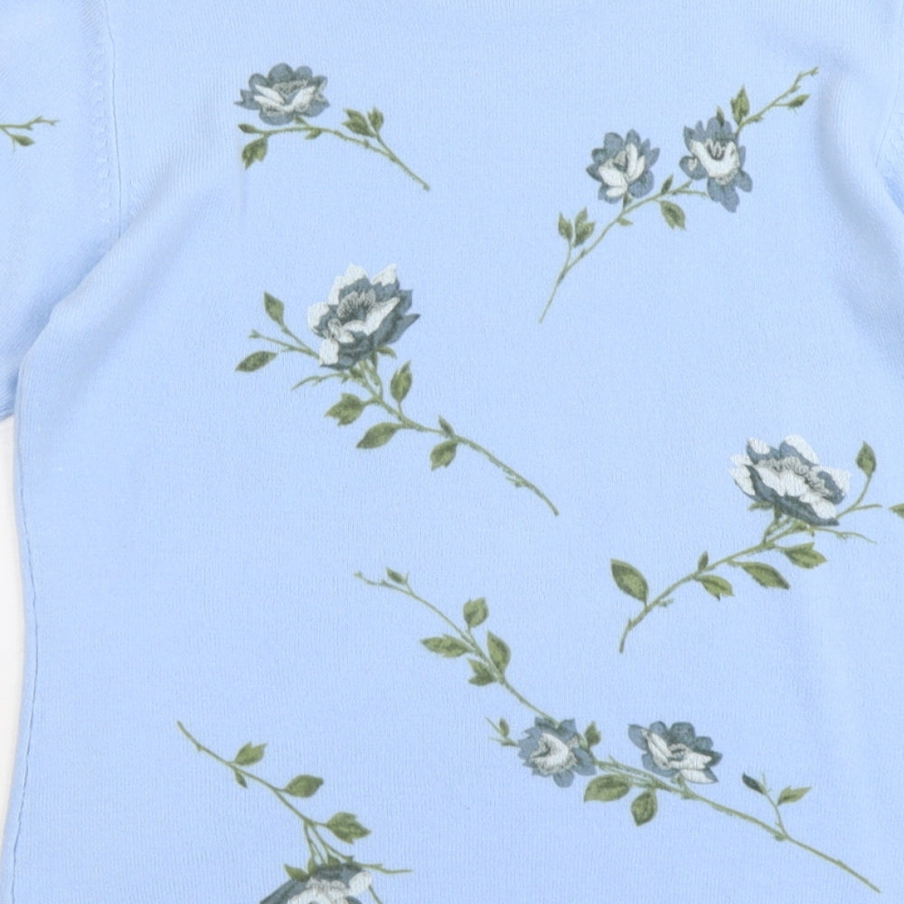 Opues Womens Blue Round Neck Floral Acrylic Pullover Jumper Size S