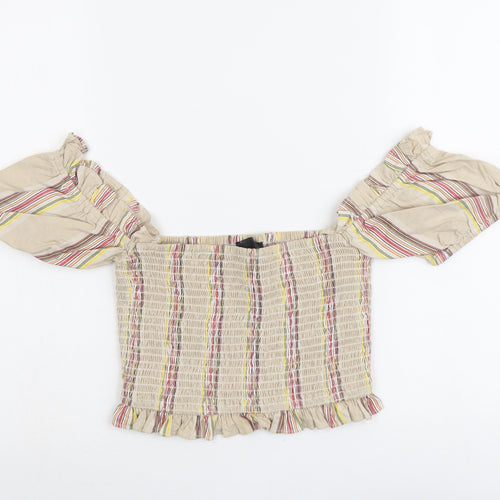 Missguided Womens Beige Striped Cotton Cropped Blouse Size 6 Square Neck