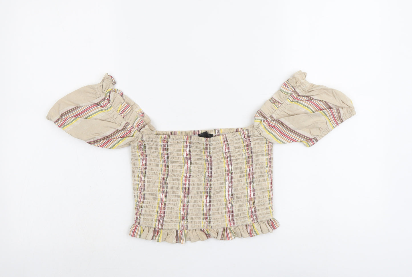 Missguided Womens Beige Striped Cotton Cropped Blouse Size 6 Square Neck