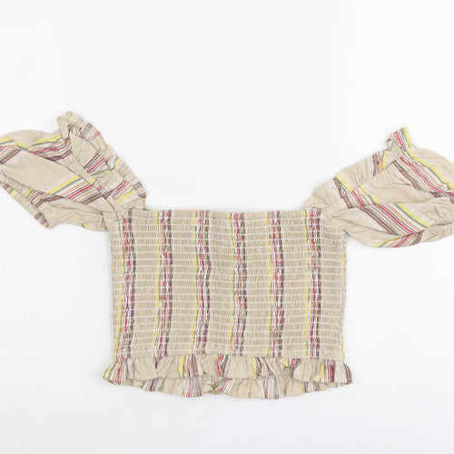 Missguided Womens Beige Striped Cotton Cropped Blouse Size 6 Square Neck