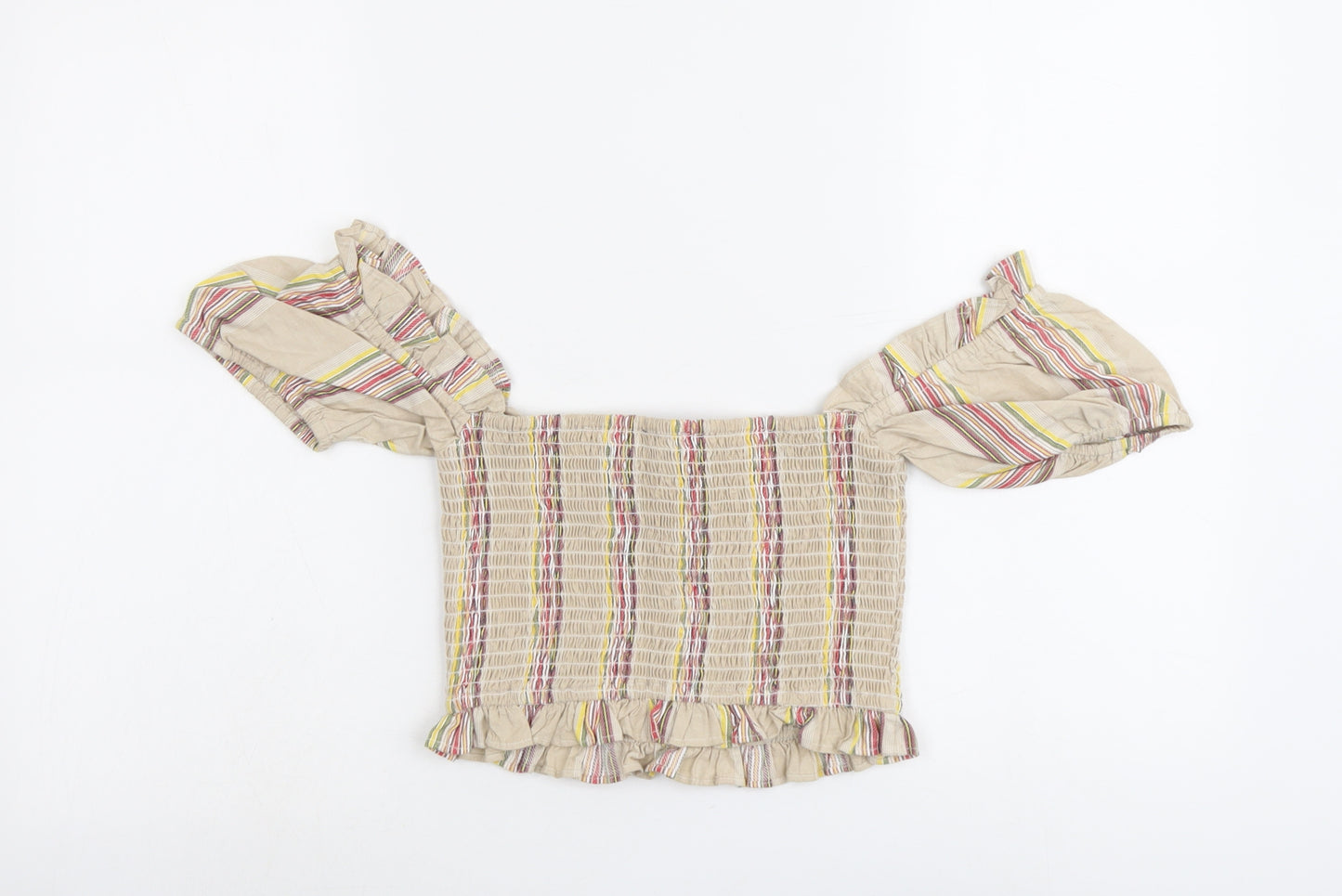 Missguided Womens Beige Striped Cotton Cropped Blouse Size 6 Square Neck