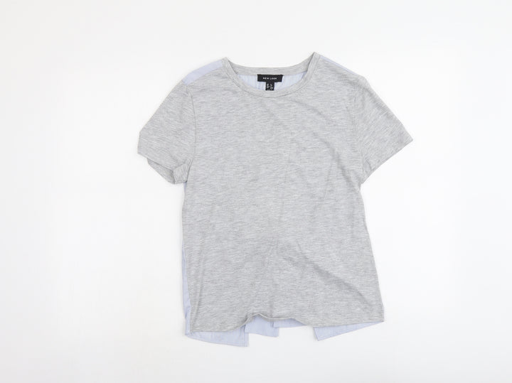 New Look Womens Grey Striped Polyester Basic T-Shirt Size 8 Round Neck
