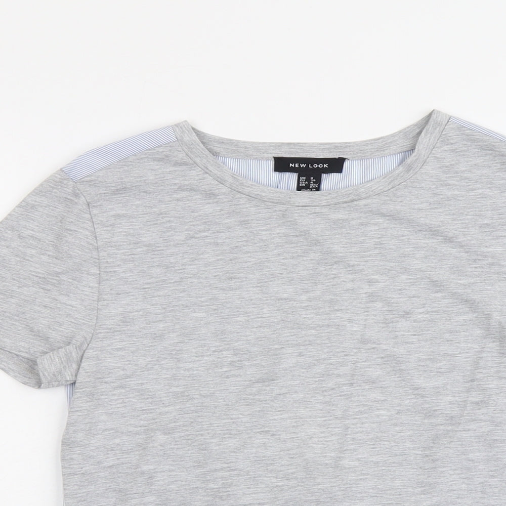 New Look Womens Grey Striped Polyester Basic T-Shirt Size 8 Round Neck