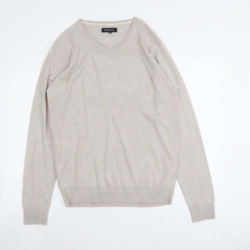 Industralize Mens Beige V-Neck Acrylic Pullover Jumper Size L Long Sleeve