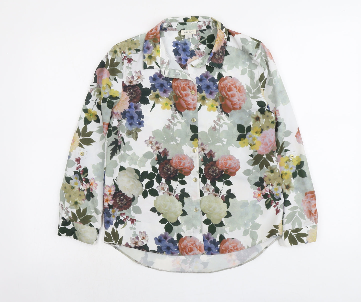 River Island Girls Green Floral Polyester Basic Button-Up Size 11 Years Collared Button