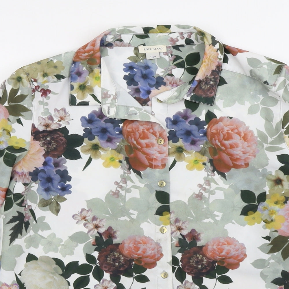 River Island Girls Green Floral Polyester Basic Button-Up Size 11 Years Collared Button