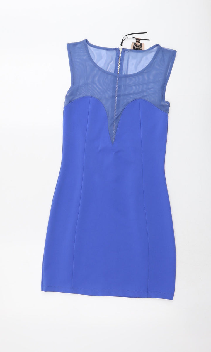 Topshop Womens Blue Polyester Mini Size 10 Boat Neck Zip - Mesh Panel