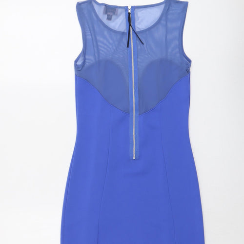 Topshop Womens Blue Polyester Mini Size 10 Boat Neck Zip - Mesh Panel