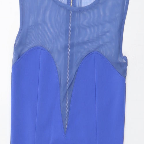 Topshop Womens Blue Polyester Mini Size 10 Boat Neck Zip - Mesh Panel