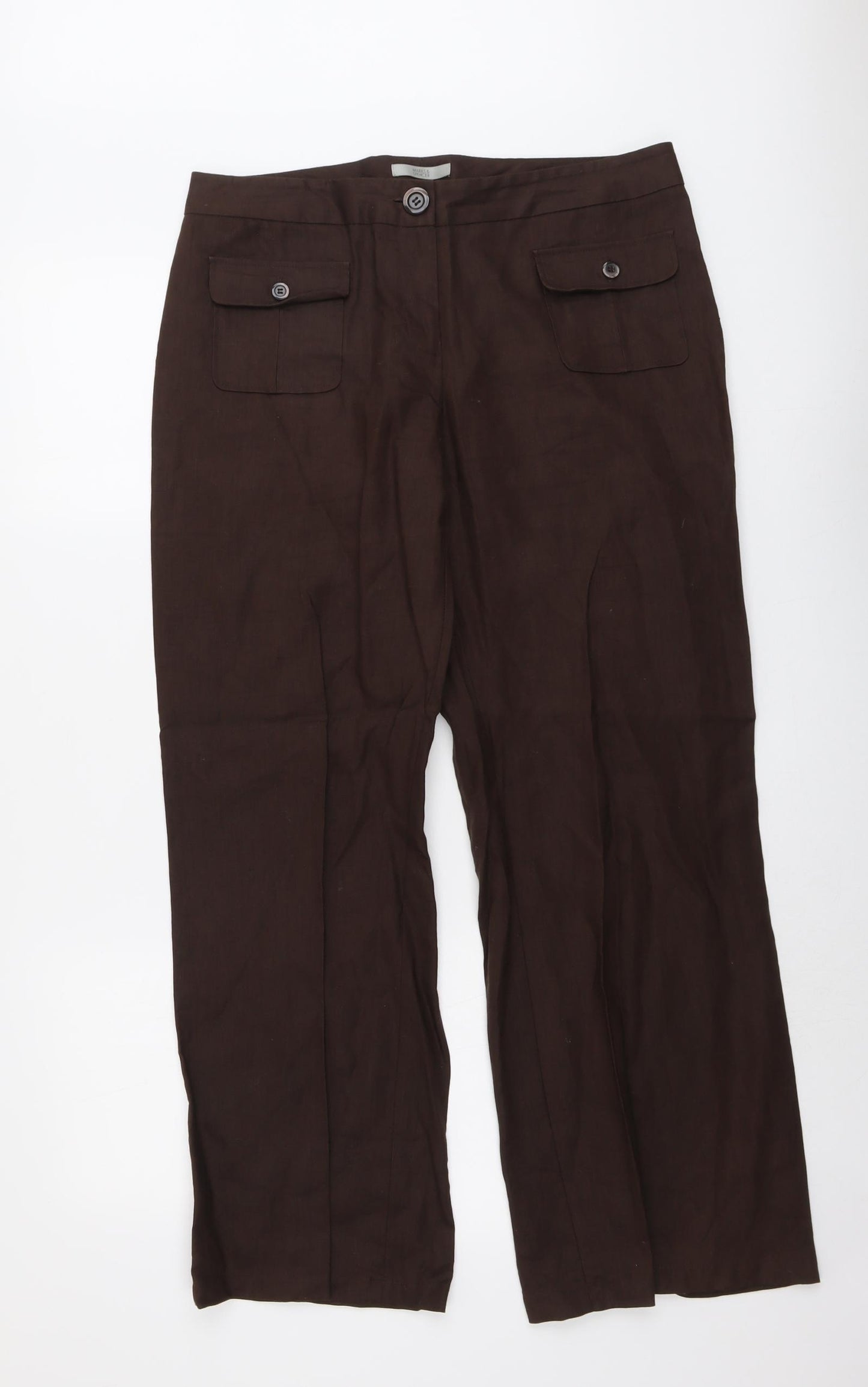 Marks and Spencer Womens Brown Linen Trousers Size 14 L30 in Regular Button