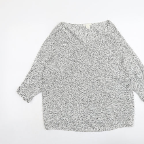 H&M Womens Grey V-Neck Cotton Pullover Jumper Size M