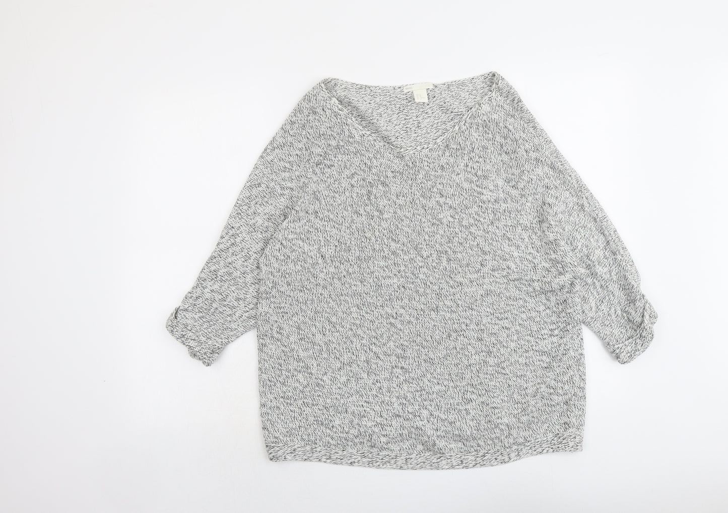 H&M Womens Grey V-Neck Cotton Pullover Jumper Size M