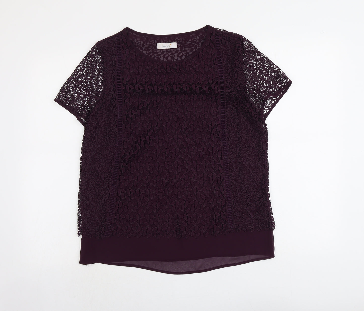 Per Una Womens Purple Polyester Basic Blouse Size 12 Boat Neck - Lace Overlay