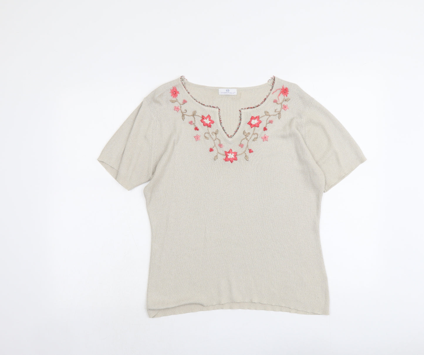 Essentials Womens Beige V-Neck Floral Acrylic Henley Jumper Size 14