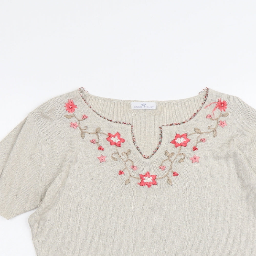 Essentials Womens Beige V-Neck Floral Acrylic Henley Jumper Size 14