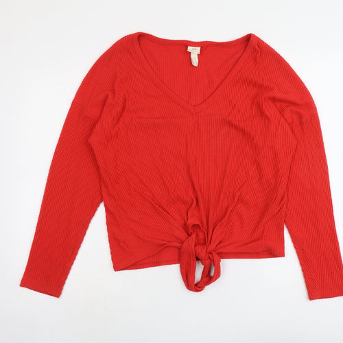 New Look Womens Red V-Neck Viscose Pullover Jumper Size S - Knot Front