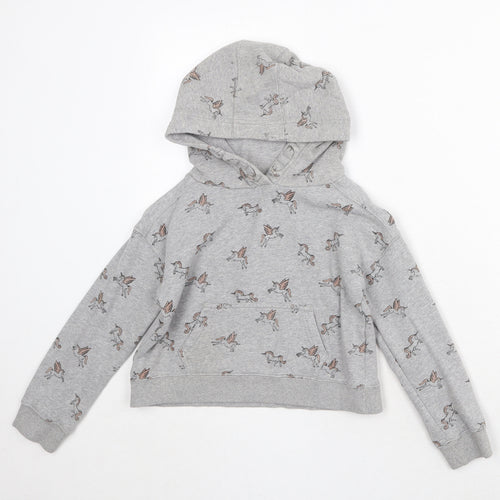 NEXT Girls Grey Geometric Cotton Pullover Hoodie Size 8 Years Pullover - Unicorn Print