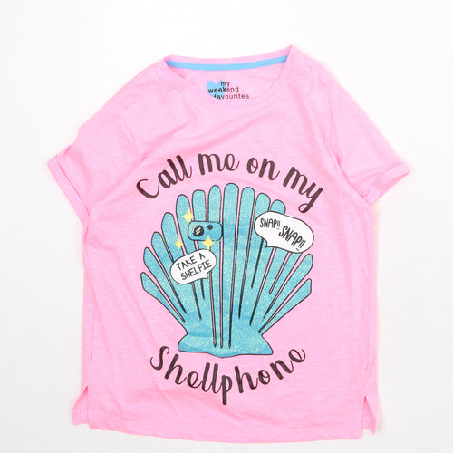 My Weekend Favourites Womens Pink Cotton Basic T-Shirt Size 10 Round Neck - Call Me On My Shellphone