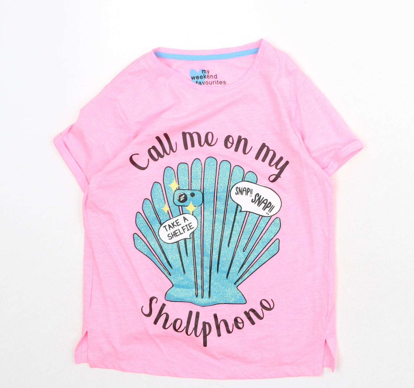 My Weekend Favourites Womens Pink Cotton Basic T-Shirt Size 10 Round Neck - Call Me On My Shellphone
