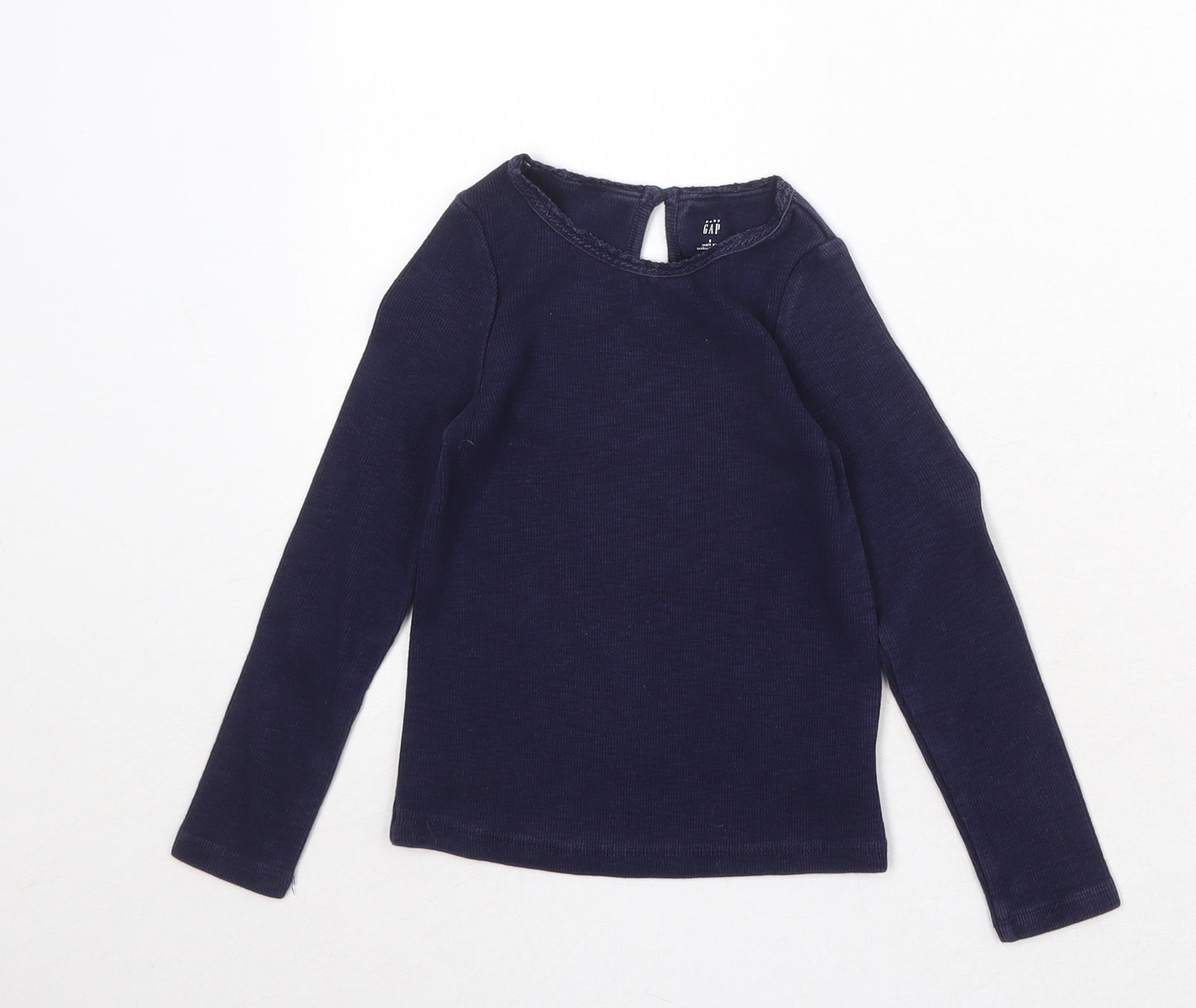 Gap Girls Blue Cotton Basic T-Shirt Size 5 Years Boat Neck Button