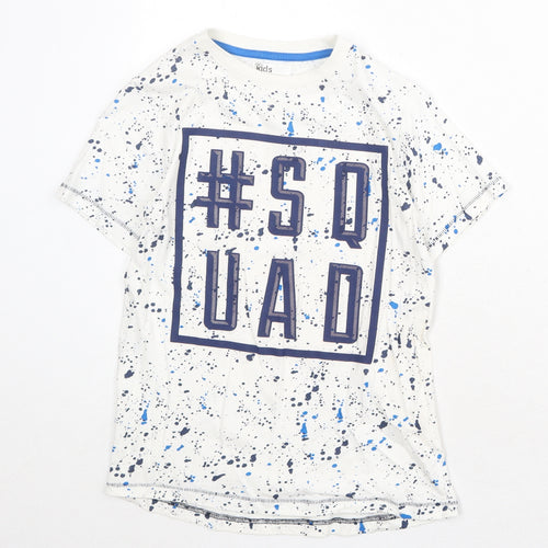 M&Co Boys White Geometric 100% Cotton Pullover T-Shirt Size 9-10 Years Crew Neck Pullover - Squad
