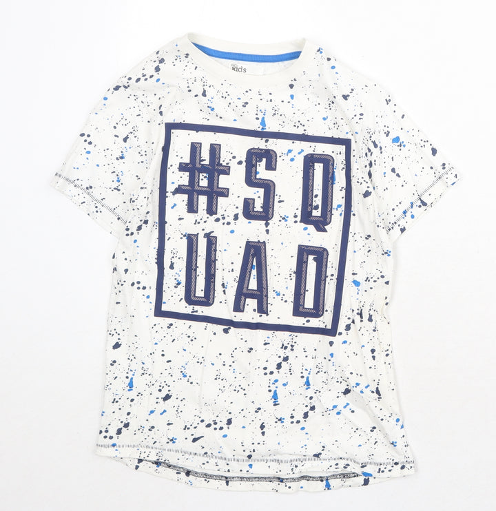 M&Co Boys White Geometric 100% Cotton Pullover T-Shirt Size 9-10 Years Crew Neck Pullover - Squad