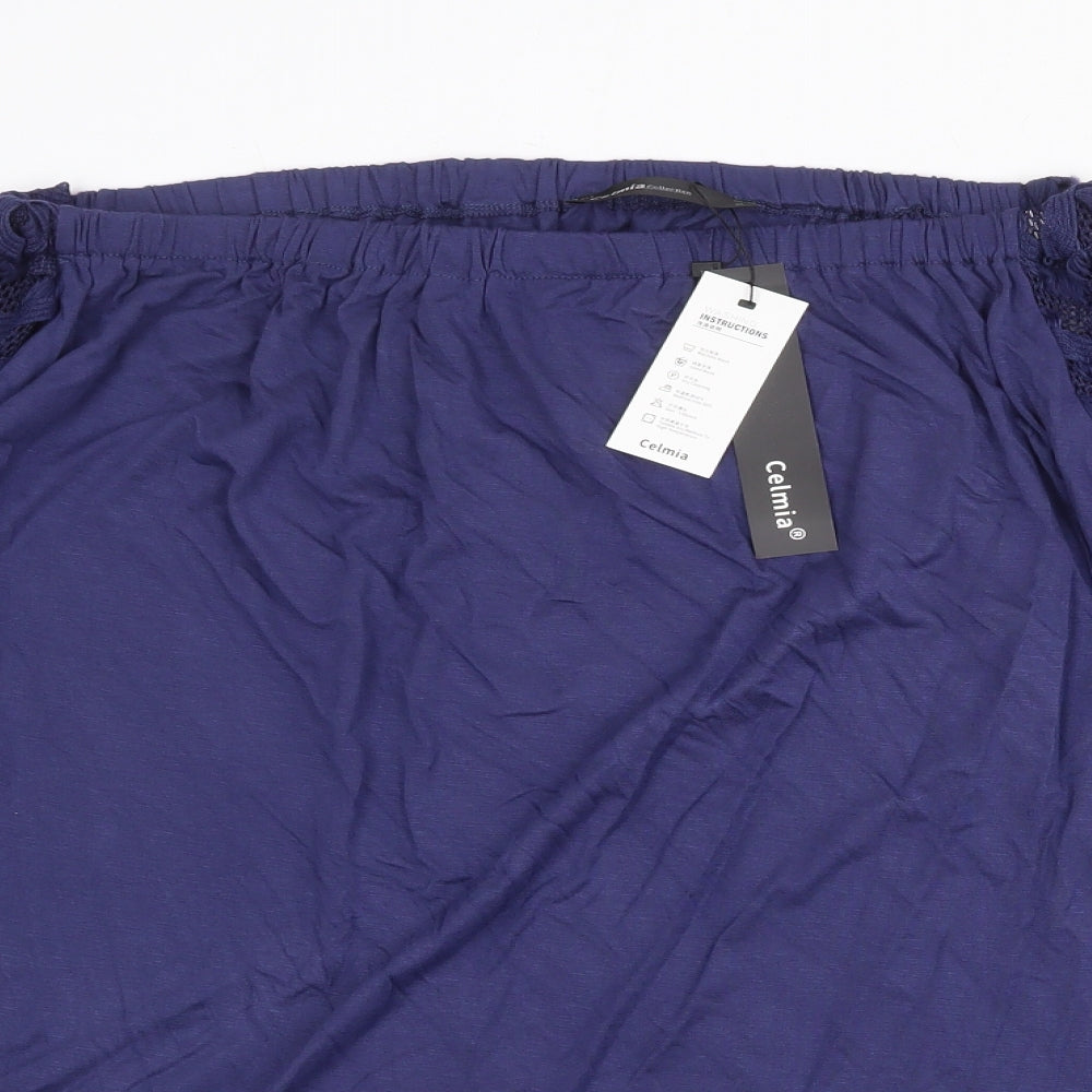 Celmia Womens Blue Polyester Basic Blouse Size M Off the Shoulder