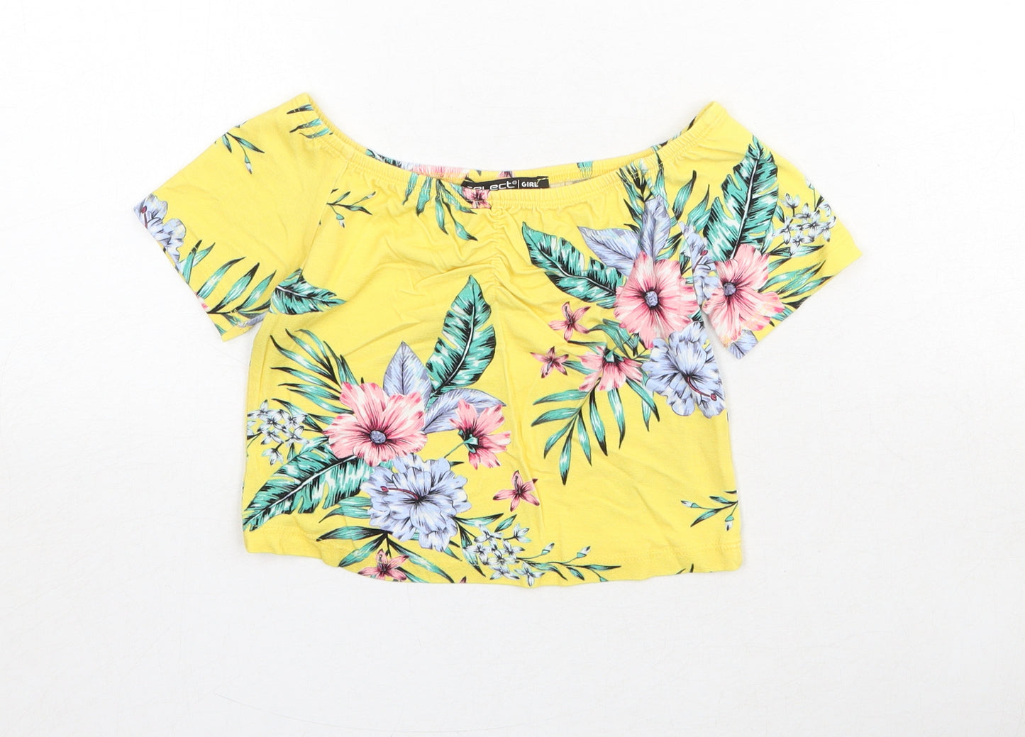 Select Girls Yellow Floral Viscose Basic T-Shirt Size 10-11 Years Off the Shoulder Pullover