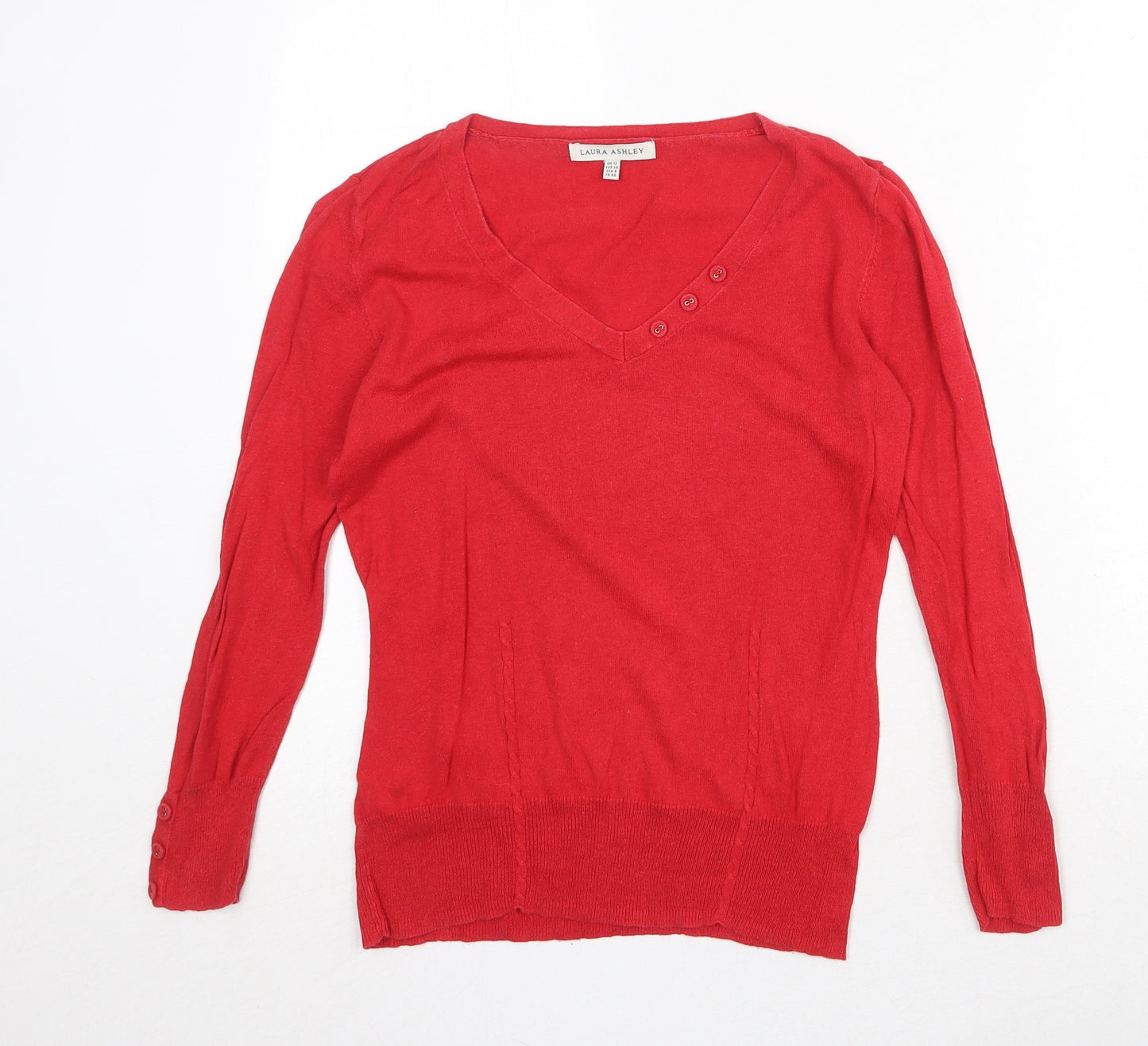 Laura Ashley Womens Red V-Neck Linen Pullover Jumper Size 12