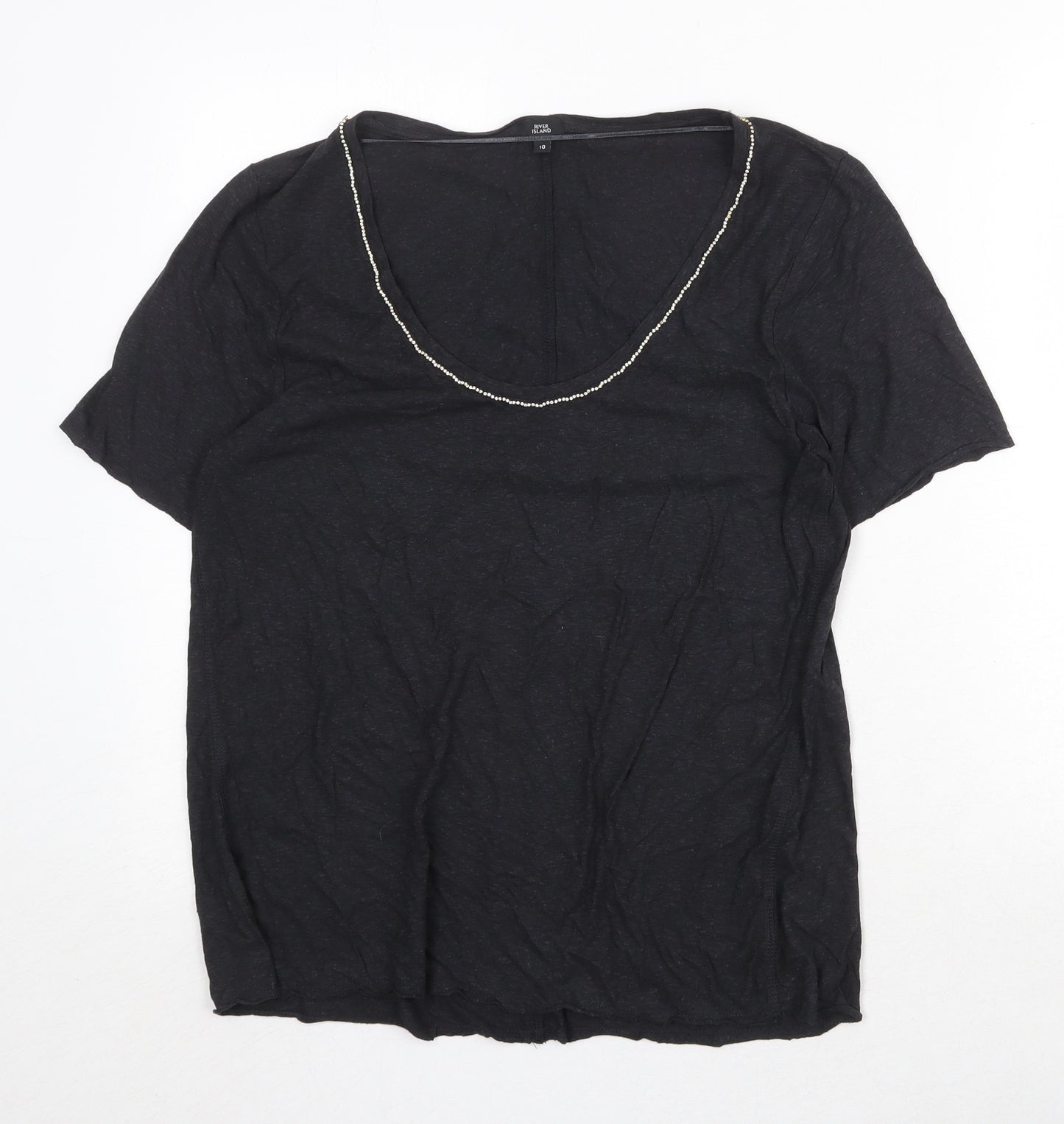 River Island Womens Grey Cotton Basic T-Shirt Size 10 Scoop Neck - Embellished Neckline