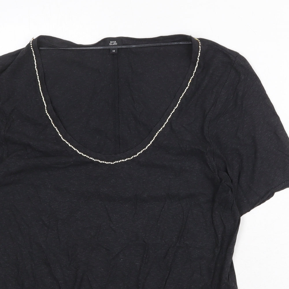 River Island Womens Grey Cotton Basic T-Shirt Size 10 Scoop Neck - Embellished Neckline