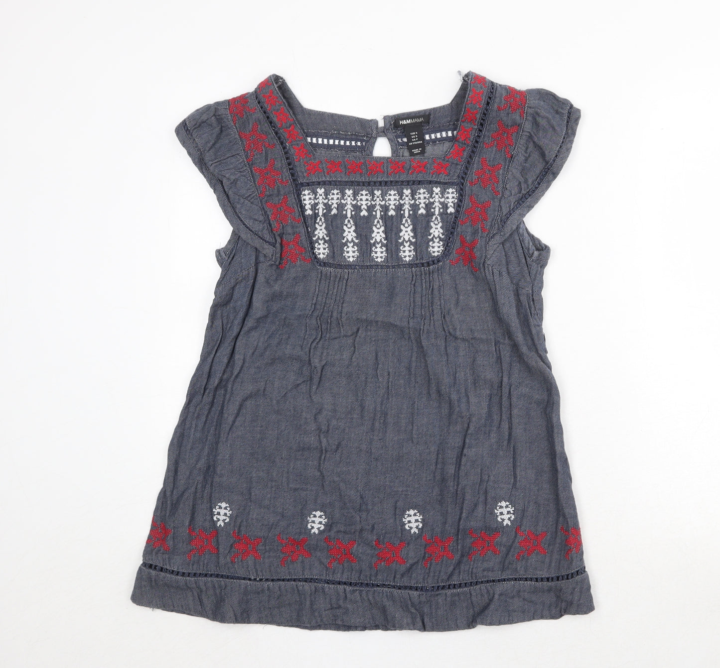 H&M Womens Blue Geometric 100% Cotton Basic Blouse Size S Square Neck