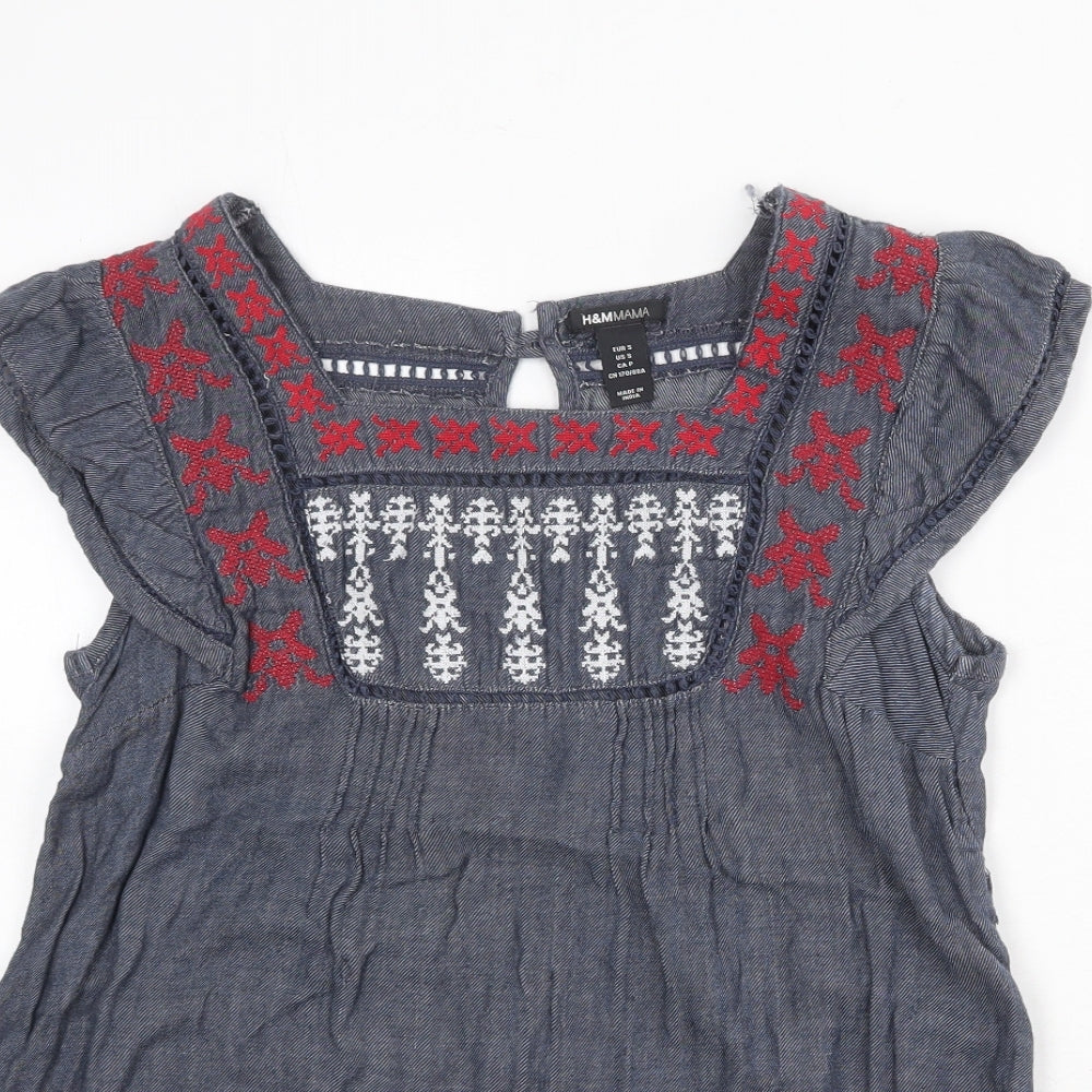 H&M Womens Blue Geometric 100% Cotton Basic Blouse Size S Square Neck