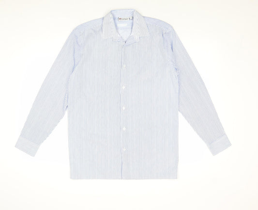 Denby Dale Mens Blue Striped Polyester Button-Up Size 14 Collared Button