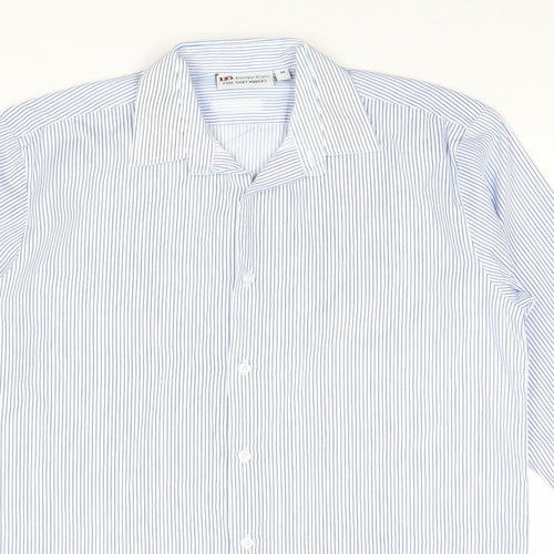 Denby Dale Mens Blue Striped Polyester Button-Up Size 14 Collared Button