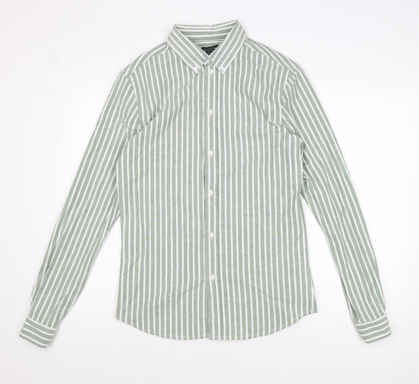 Boohoo Mens Green Striped Polyester Button-Up Size M Collared Button