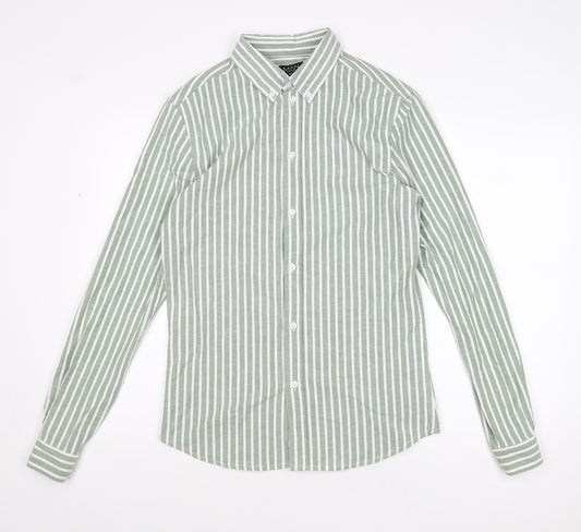 Boohoo Mens Green Striped Polyester Button-Up Size M Collared Button